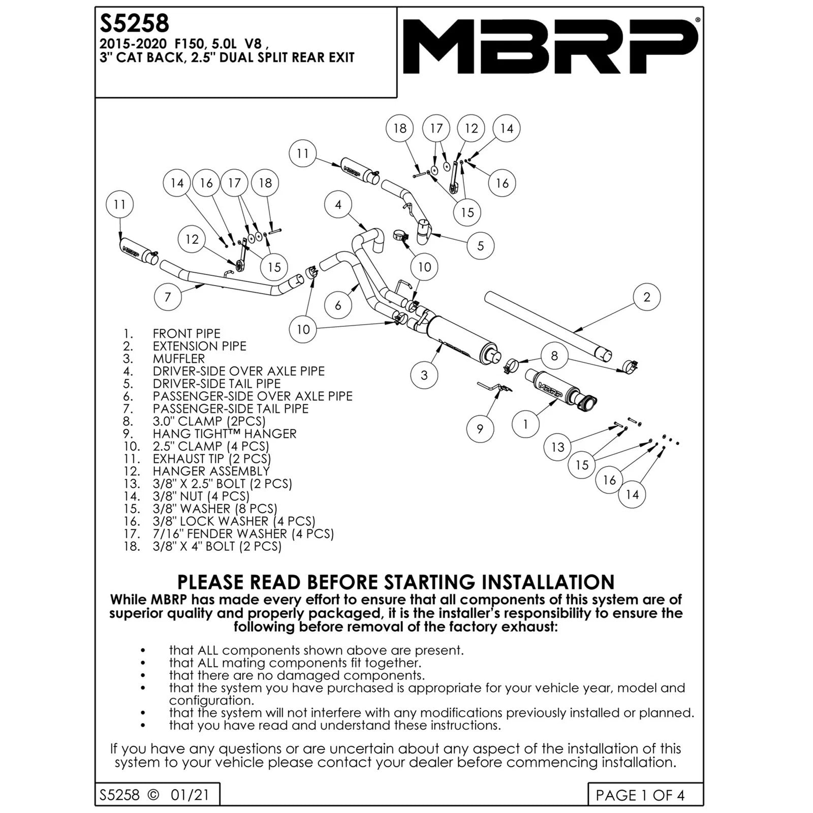 MBRP 3in Cat-Back Dual Split Rear Exit AL Exhaust System | Ford F-150 5.0L (15) (S5258AL)