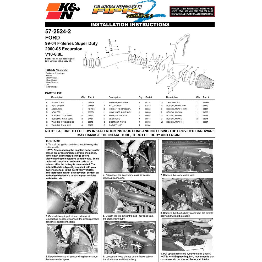 K&N Performance Intake Kit | Ford F-Series Super Duty V10 (99-04) (57-2524-2)