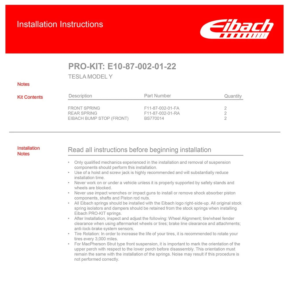 Eibach Lowering Springs | 2020-2021 Tesla Model Y (E10-87-002-01-22)