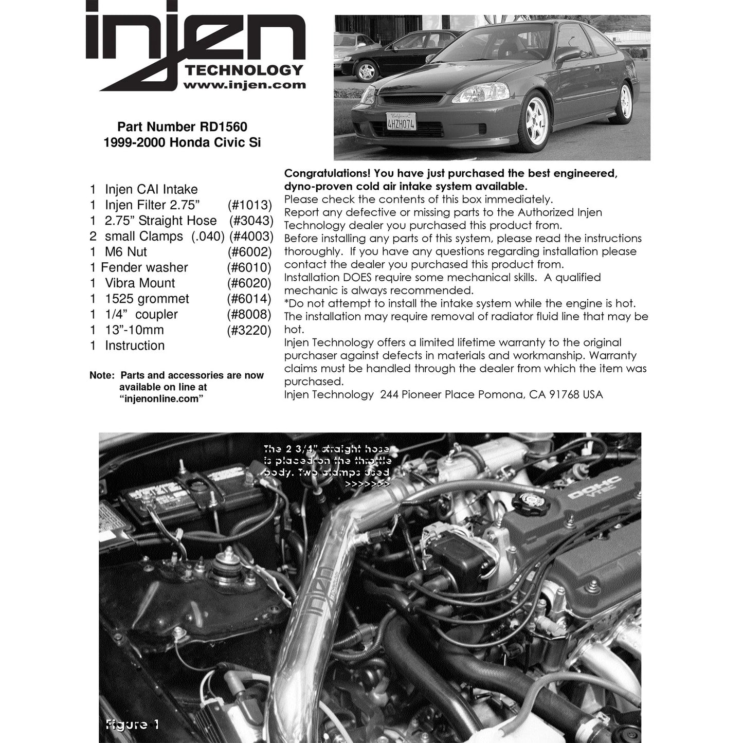 Injen Black Cold Air Intake System | Honda Civic Si (99-00) (RD1560BLK)