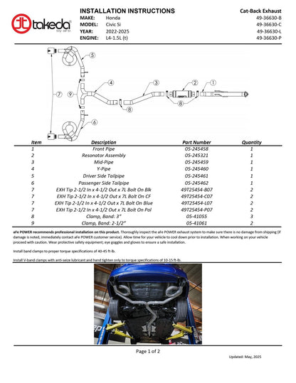 aFe Takeda 2.5-3in SS Cat-Back Exhaust | Honda Civic Si (22+) (49-36630-P)