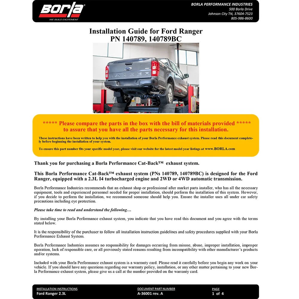 Borla Cat-Back Exhaust System - S-Type | 2019-2020 Ford Ranger 2.3L (140789)