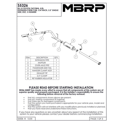 MBRP 2.5in Cat-Back Single Side Exit Aluminized Exhaust | Toyota Tacoma 4.0L EC/CC (05-13) (S5326AL)