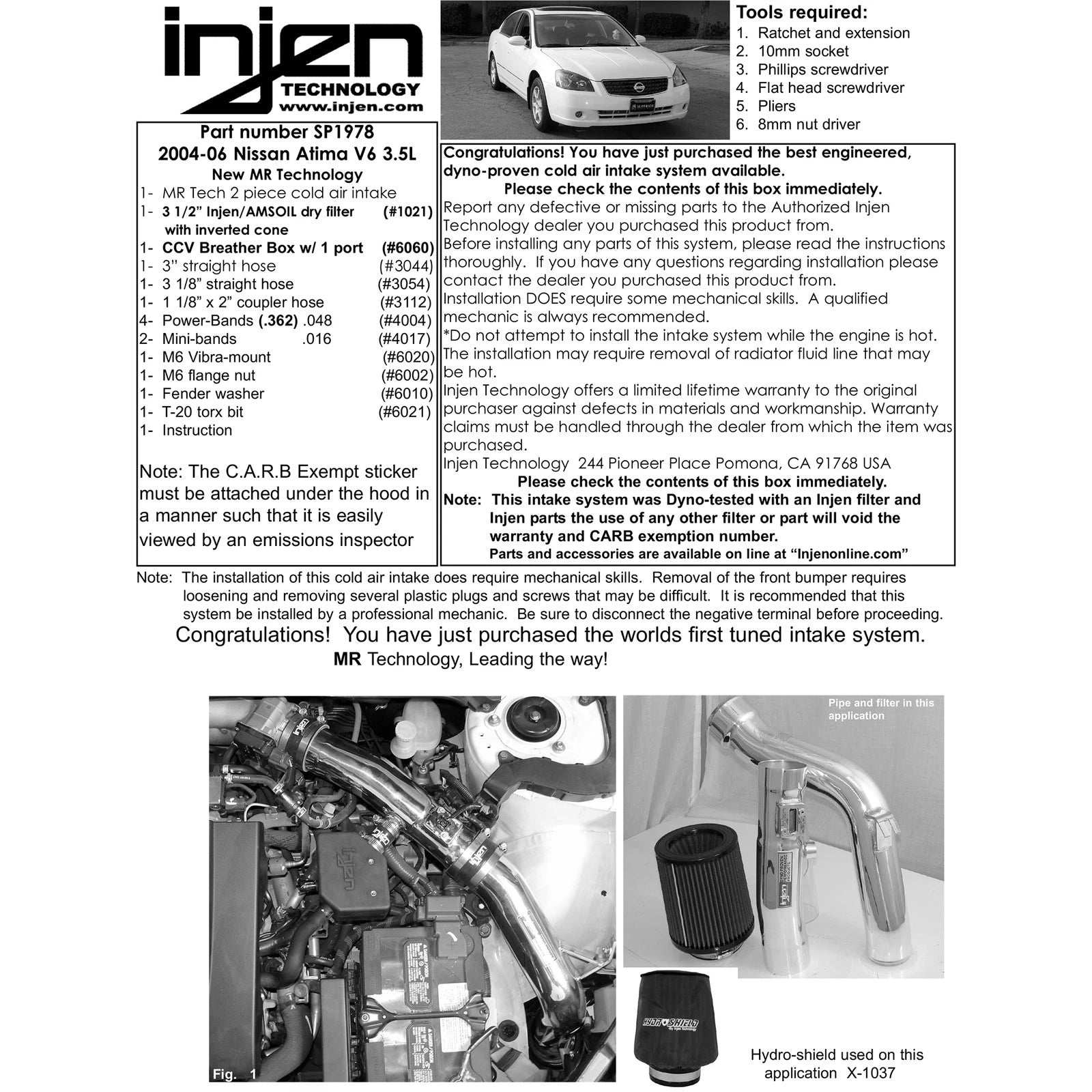 Injen Black Cold Air Intake System | Nissan Altima 3.5L V6 (04-06) (SP1978BLK)