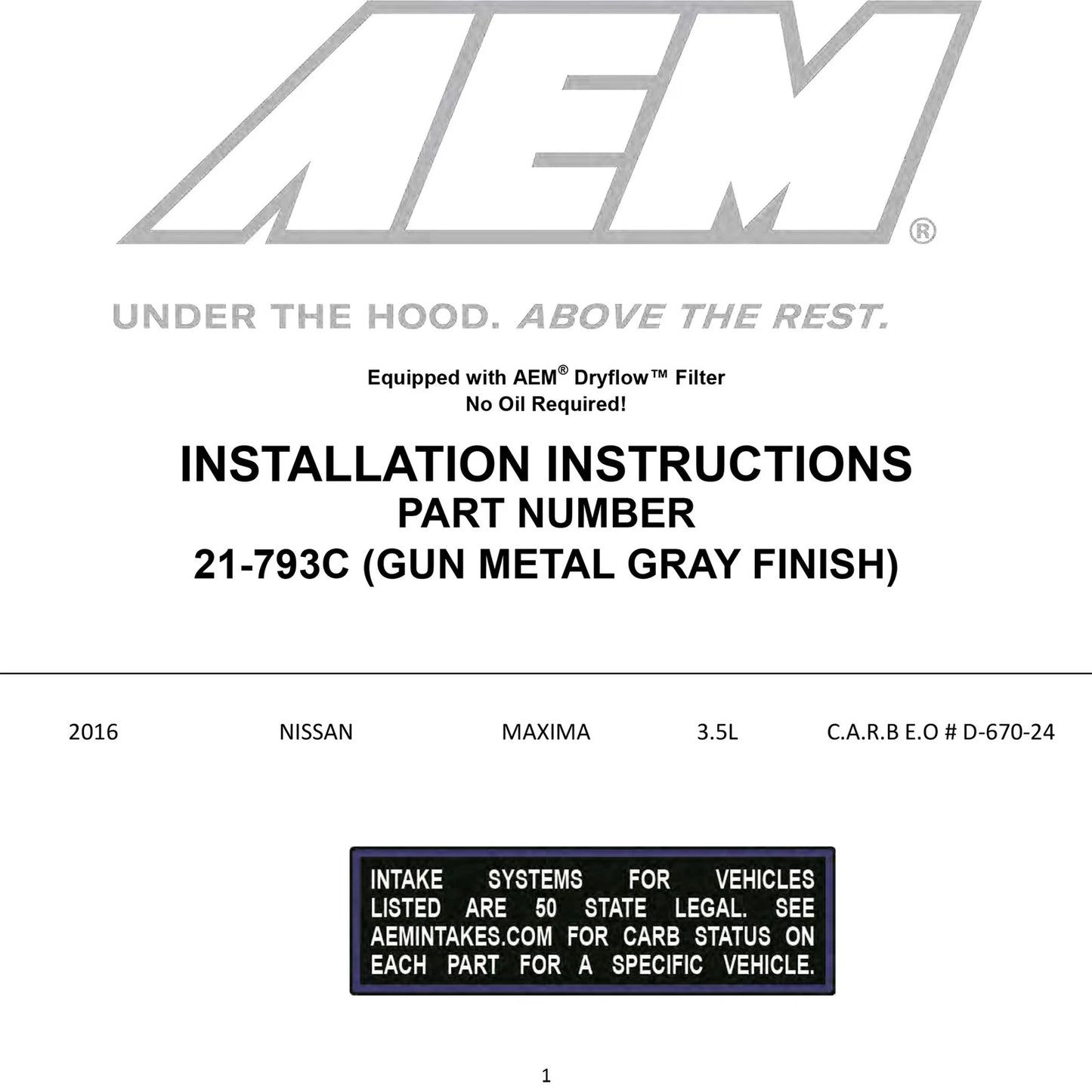 AEM Cold Air Intake | Nissan Maxima 3.5L V6 (16) (21-793c)