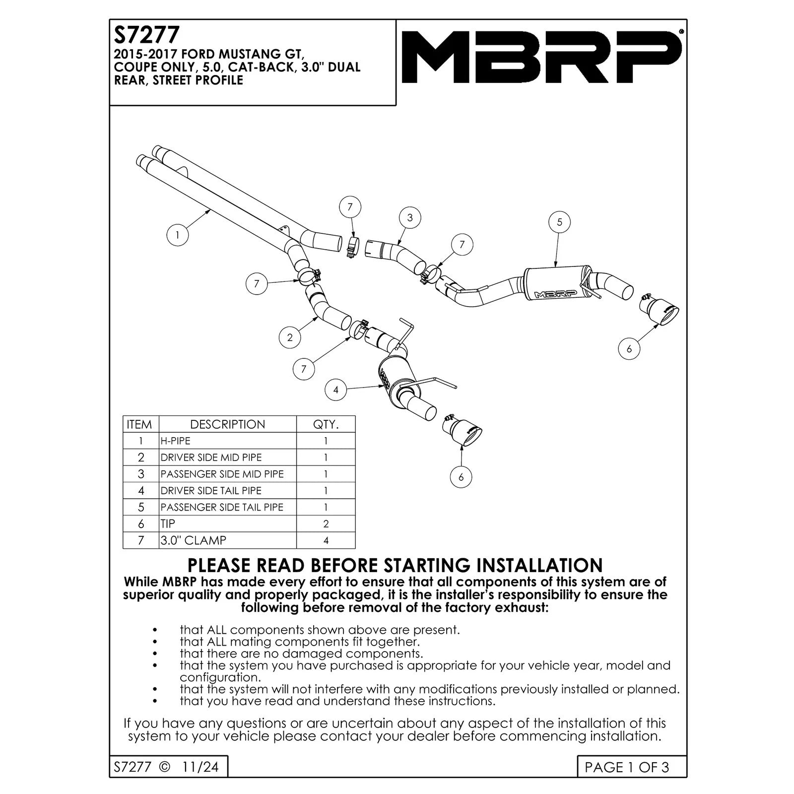 MBRP 3-In Armor Pro Street Dual Exit Cat-Back | Ford Mustang GT (S72773CF)