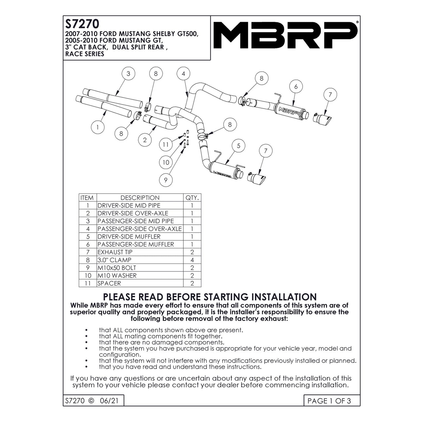 MBRP T409 4in Dual Split Rear Exhaust System Race Version | Ford Shelby GT500/GT (05-09) (S7270409)