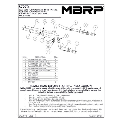 MBRP T409 4in Dual Split Rear Exhaust System Race Version | Ford Shelby GT500/GT (05-09) (S7270409)