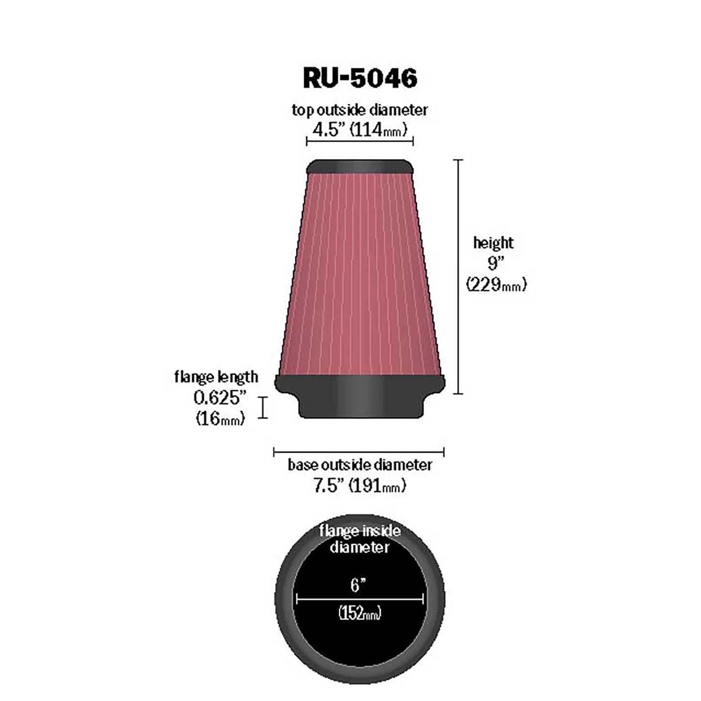 K&N RU-5046 Universal Round Tapered Performance Washable Air Filter for Intake