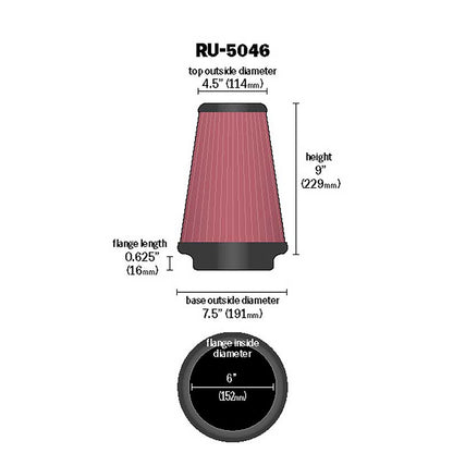 K&N RU-5046 Universal Round Tapered Performance Washable Air Filter for Intake