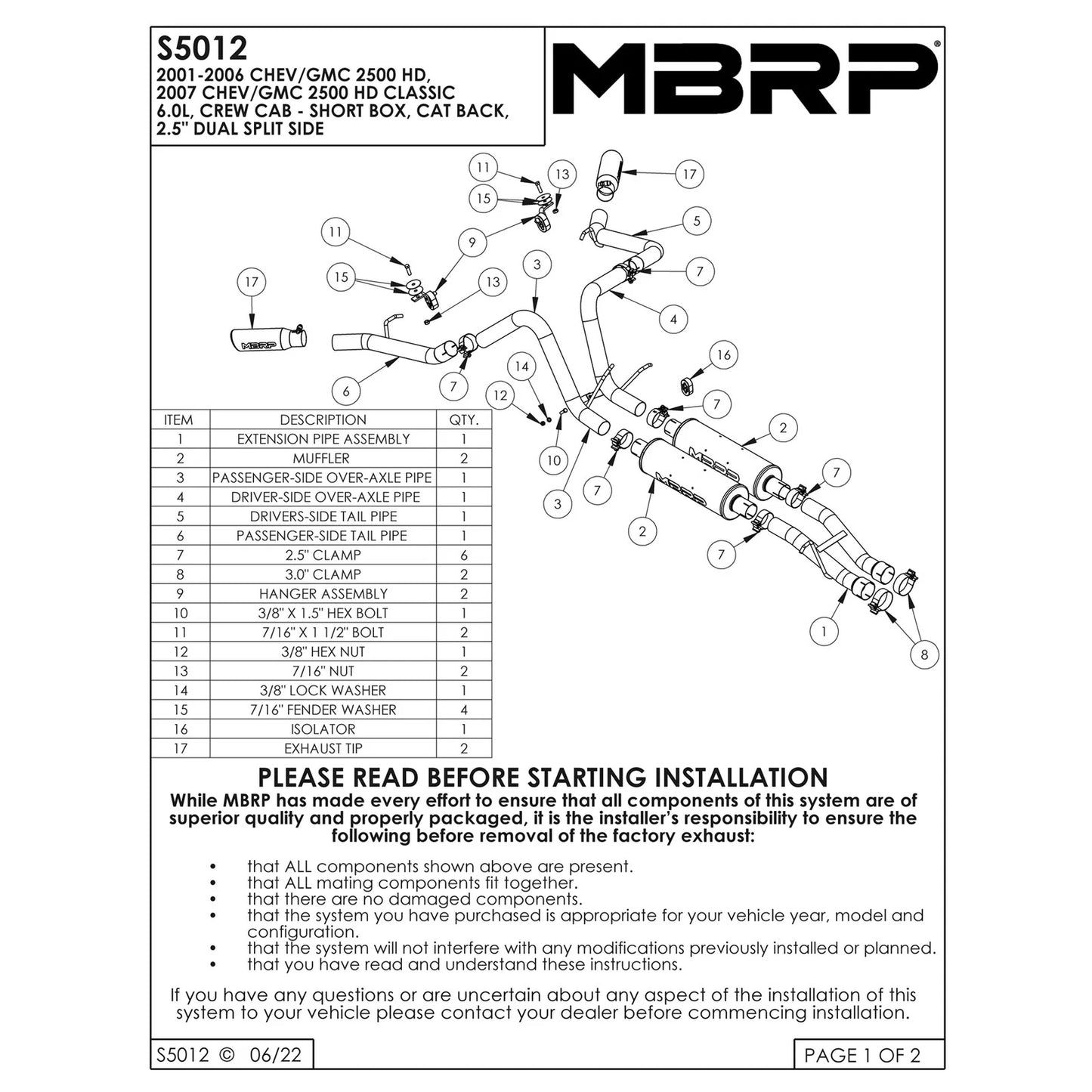 MBRP 2.5in. Dual Split Side Cat-Back Exhaust | Chevrolet/GMC 2500 HD 6.0L CC-SB (03-07) (S5012AL)