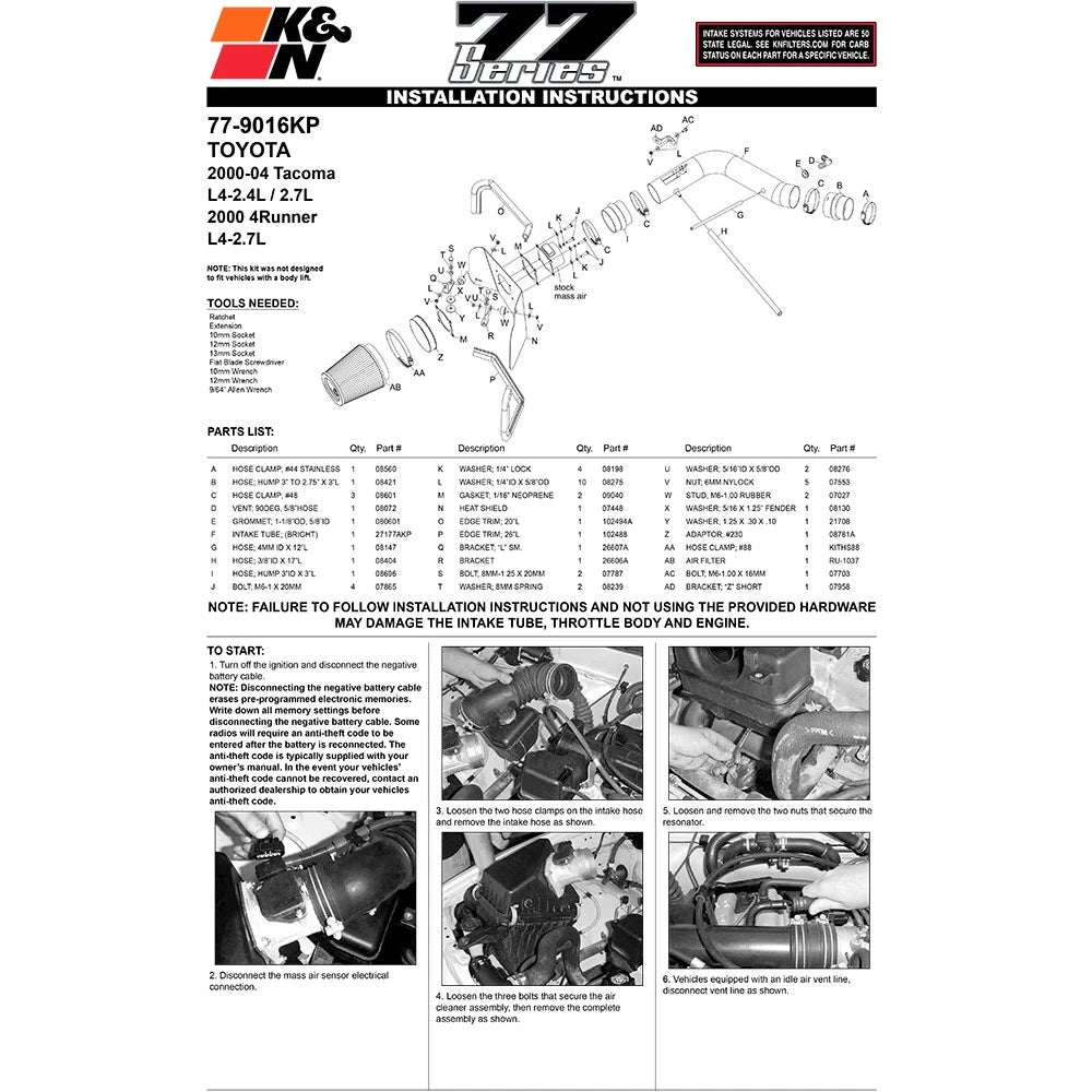 K&N High Flow Kit 2.4/2.7L Toyota Tacoma/4Runner (77-9016KP)