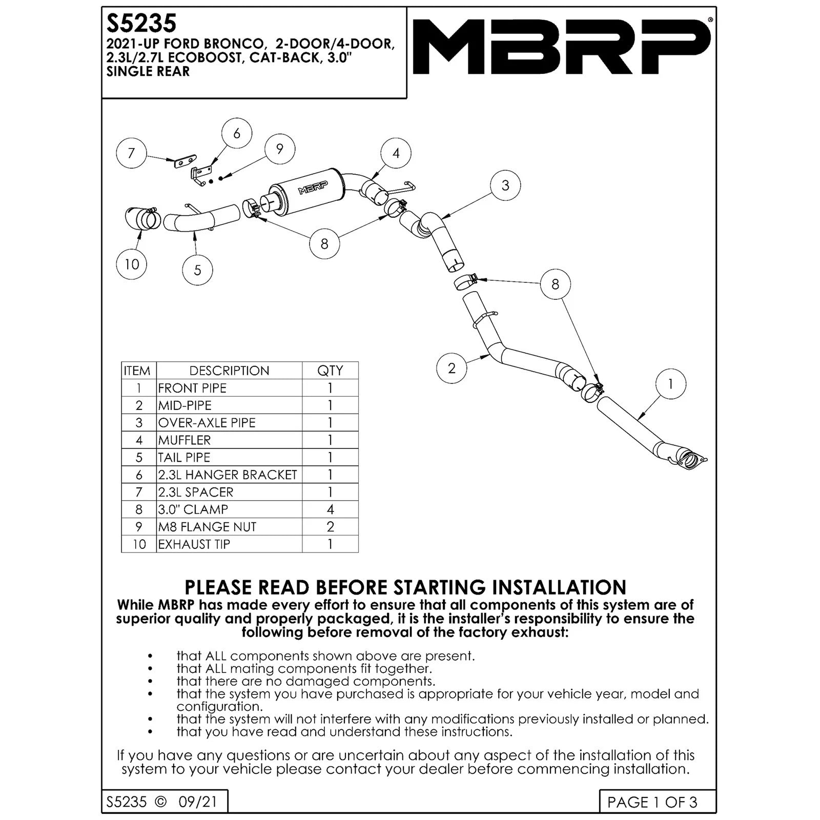 MBRP 3" Armor Pro Street D&S Single Rear Exit Catback | Ford Bronco (21-22) (S5235304)