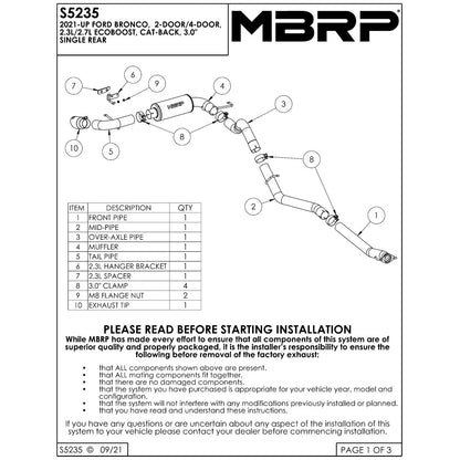 MBRP 3" Armor Pro Street D&S Single Rear Exit Catback | Ford Bronco (21-22) (S5235304)
