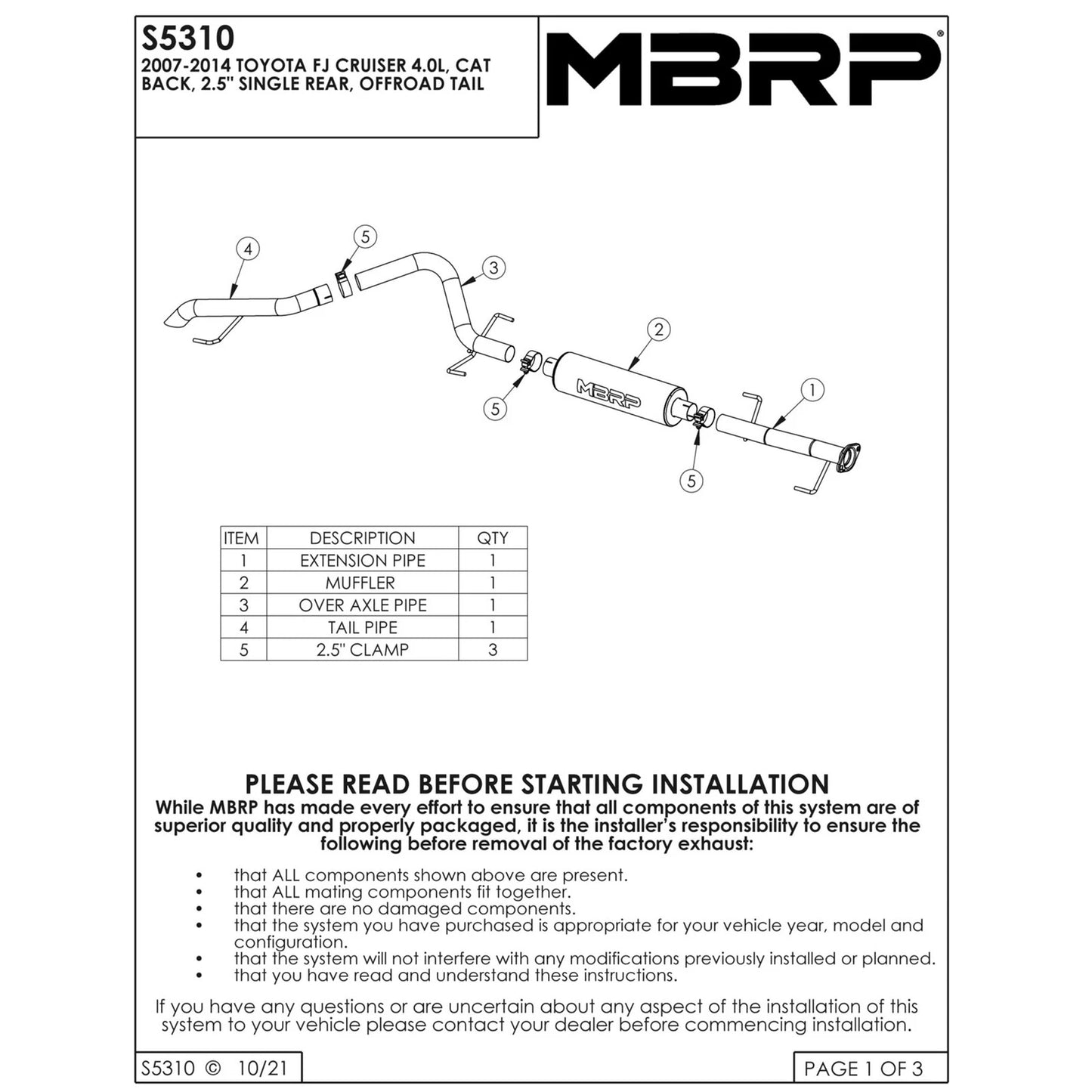 MBRP 2.5in Off-Road Cat-Back Single Rear Exit Tail Exhaust | FJ Cruiser 07-14 (S5310AL)