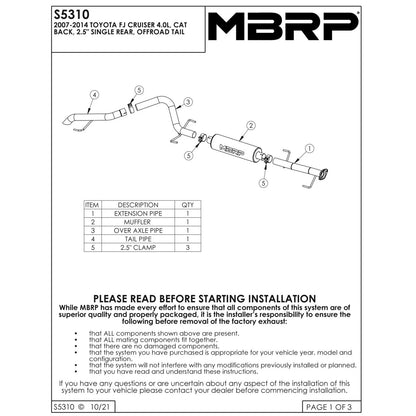 MBRP 2.5in Off-Road Cat-Back Single Rear Exit Tail Exhaust | FJ Cruiser 07-14 (S5310AL)
