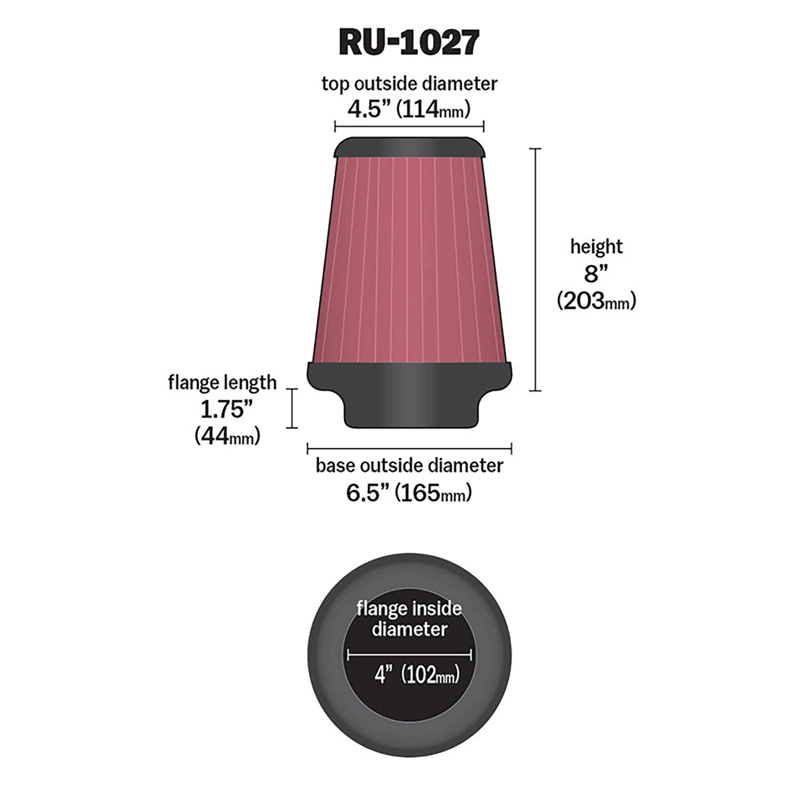 K&N RU-1027 Universal Round Tapered Performance Washable Air Filter for Intake