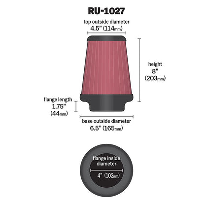 K&N RU-1027 Universal Round Tapered Performance Washable Air Filter for Intake