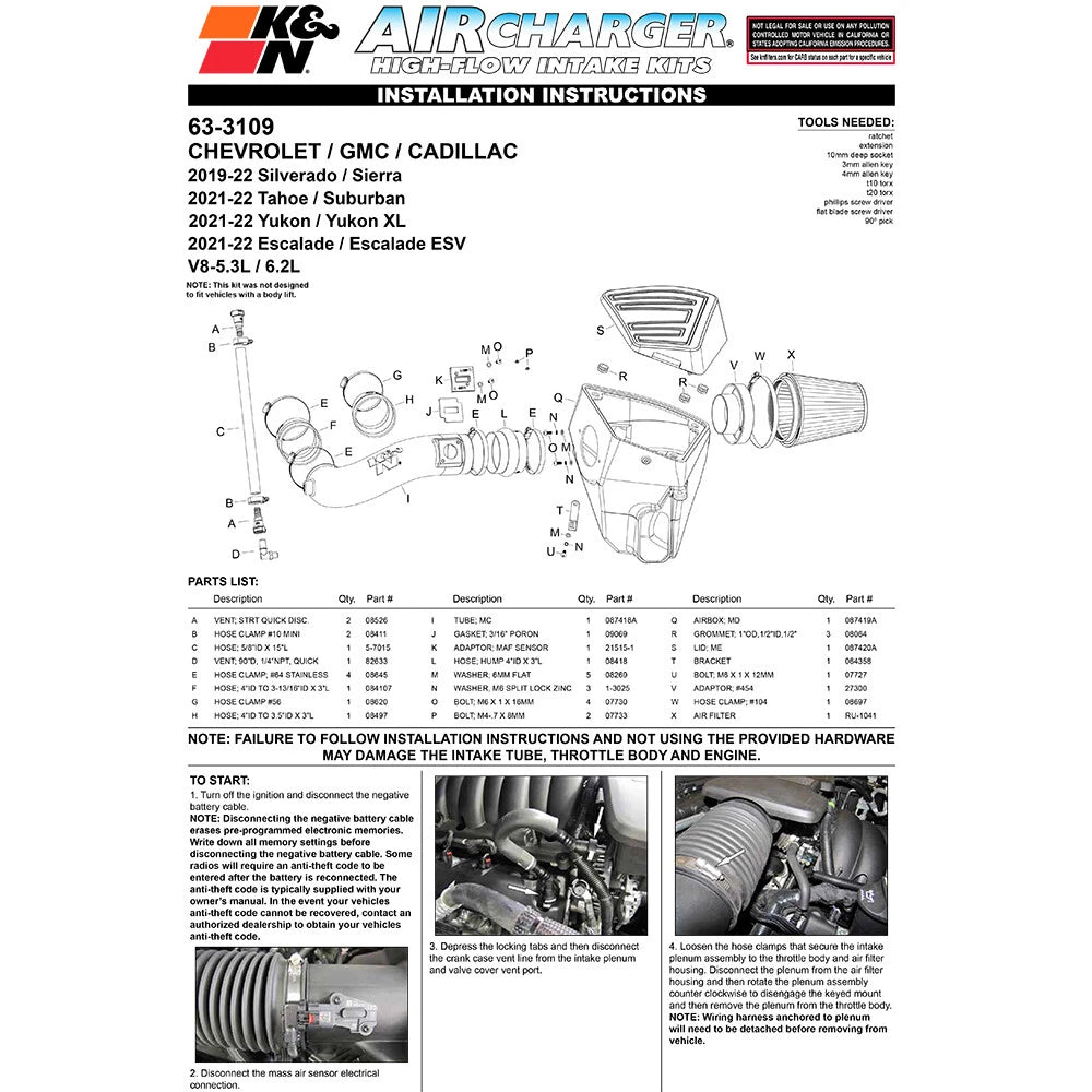 K&N 2019 Chevrolet / GMC 1500 V8-5.3/6.2L F/I AirCharger Performance Intake | Chevrolet / GMC 1500 (19) (63-3109)