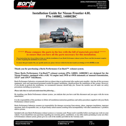 Borla Cat-Back Exhaust System - S-Type | 2005-2019 Nissan Frontier 4.0L (140802)