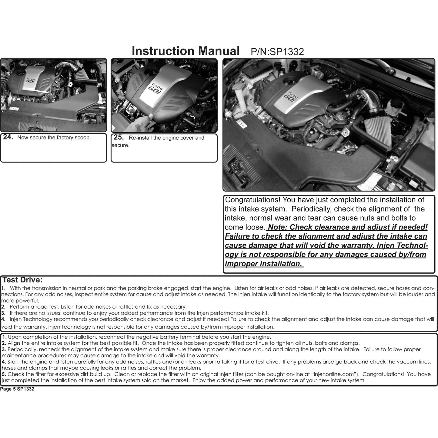Injen Black Short Ram Intake | Hyundai Sonata (15-18) / Kia Optima / Hyundai Azera (12-17) / Kia Optima (16-20) (SP1332BLK)