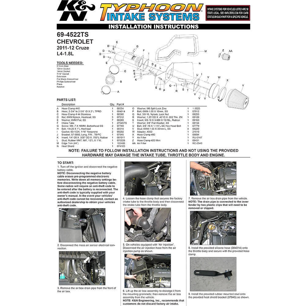 K&N Engineering Typhoon Performance Intake: Chevrolet Cruze 1.8L L4 2011