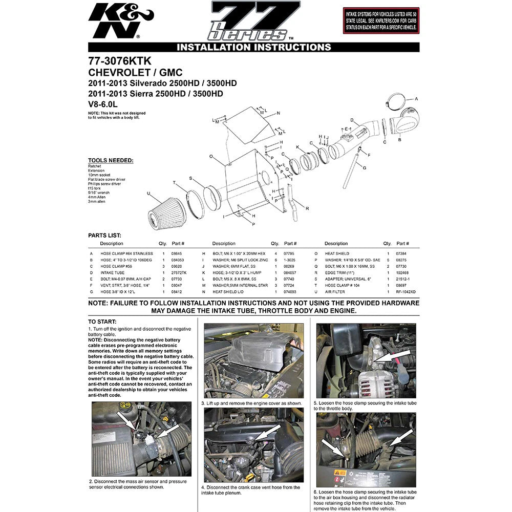 K&N High-Flow Performance Intake Kit | Chevrolet Silverado 2500/3500 HD / GMC Sierra 2500/3500 HD (11-12) (77-3076KTK)