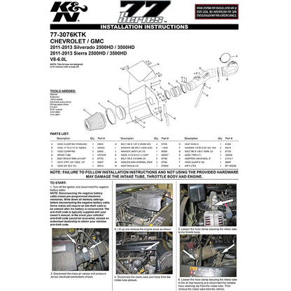 K&N High-Flow Performance Intake Kit | Chevrolet Silverado 2500/3500 HD / GMC Sierra 2500/3500 HD (11-12) (77-3076KTK)