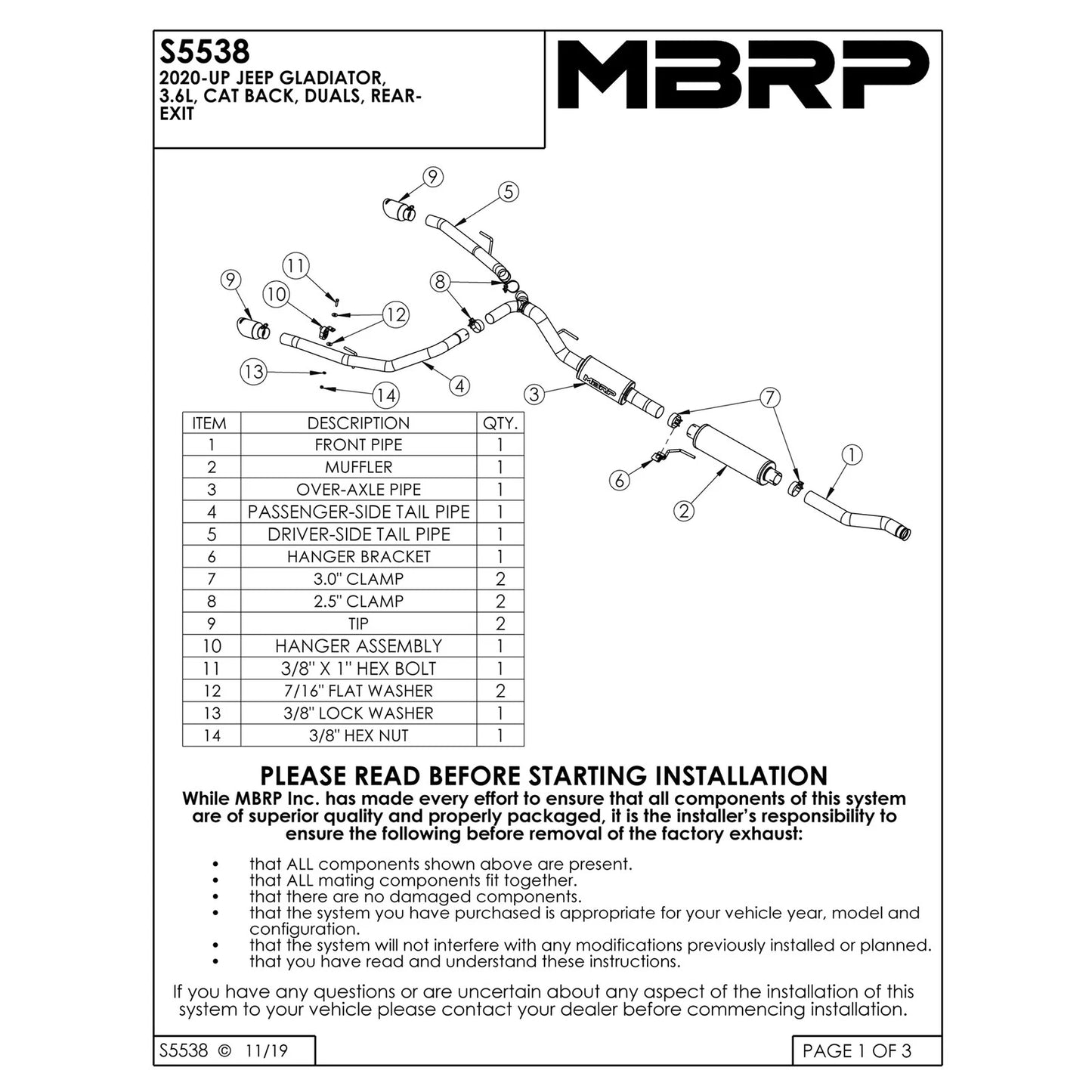 MBRP 2.5in Dual Rear Exit 3in Cat-Back Exhaust T304 | Jeep Gladiator 2020 3.6L (S5538304)