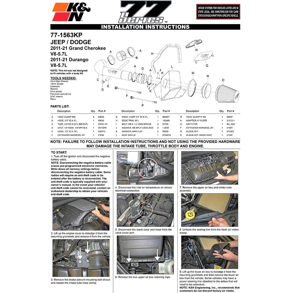 K&N High Flow Performance Intake | Jeep Grand Cherokee 5.7L V8 / Dodge Durango 5.7L V8 (77-1563KP)