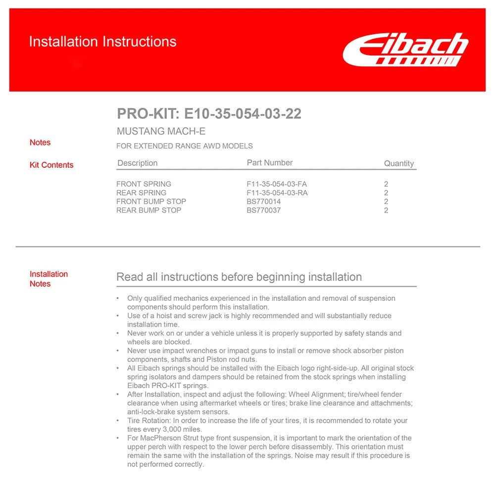 Eibach Pro-Kit Lowering Springs | 2021-2023 Ford Mustang Mach-E (E10-35-054-03-22)