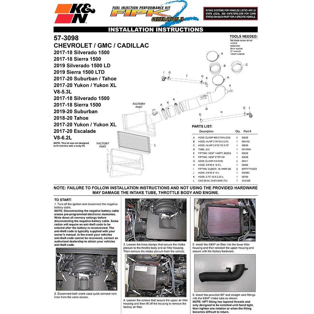 K&N 17-19 Chevrolet Silverado V8-5.3L Performance Intake Kit | Chevrolet Silverado (17-19) (57-3098)