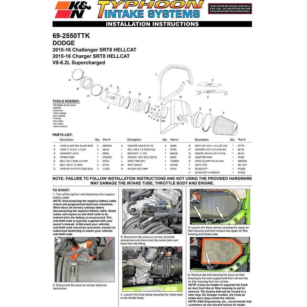 K&N Typhoon Air Intake System | 2015-2016 Dodge Charger/Challenger SRT Hellcat (69-2550TTK)