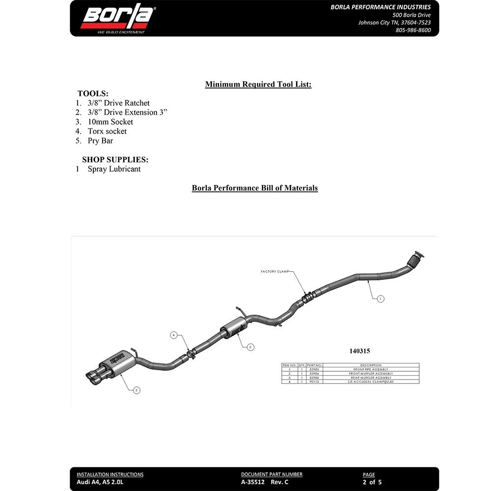 Borla Cat-Back Exhaust System - S-Type | 2010-2016 Audi A5 Quattro 2.0L (140733)