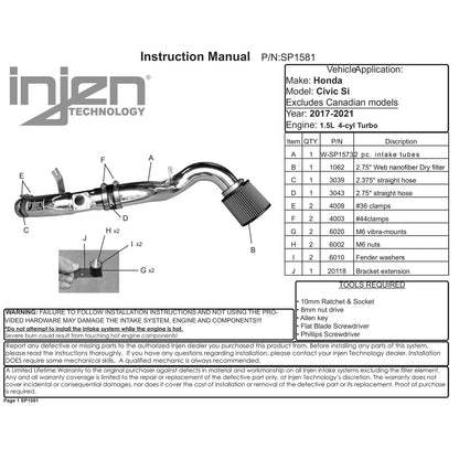 Injen Polished Cold Air Intake | Honda Civic VIII (06-11) / Civic X (16-22) / Civic (17-22) / Civic Type R FK8 (SP1581P)