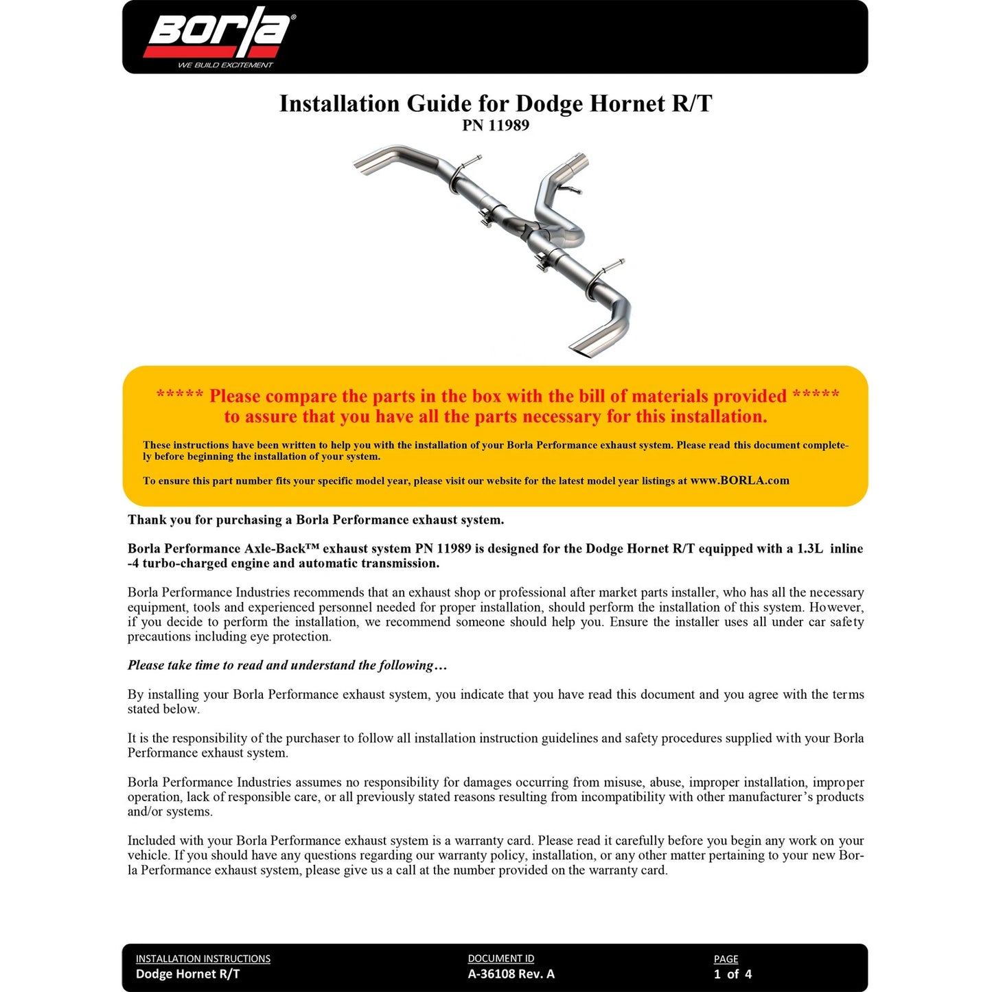 Borla 2.25in S-Type Axle-Back Exhaust | Dodge Hornet R/T 24 (24) (11989)