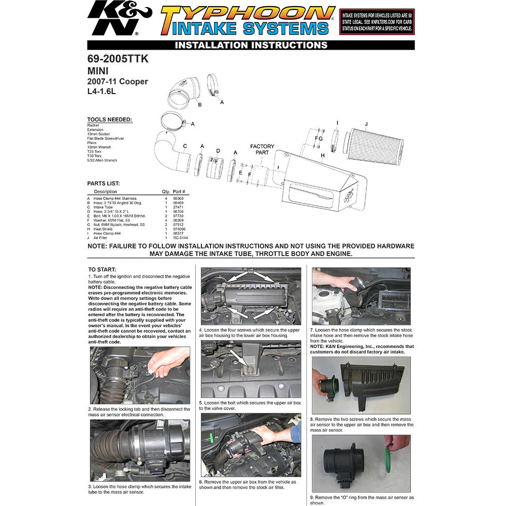 K&N Engineering Typhoon Short Ram Intake: Mini Cooper L4 1.6L 2007 - 2009