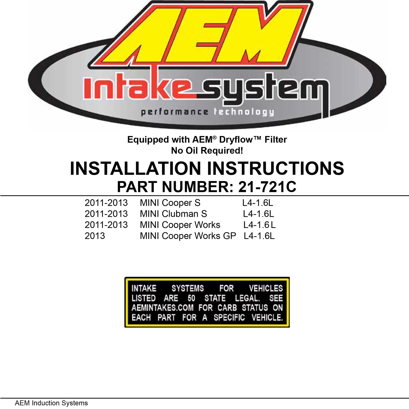 AEM Cold Air Intake System | Mini Cooper S / S Clubman / John Cooper Works (11-13) (21-721C)