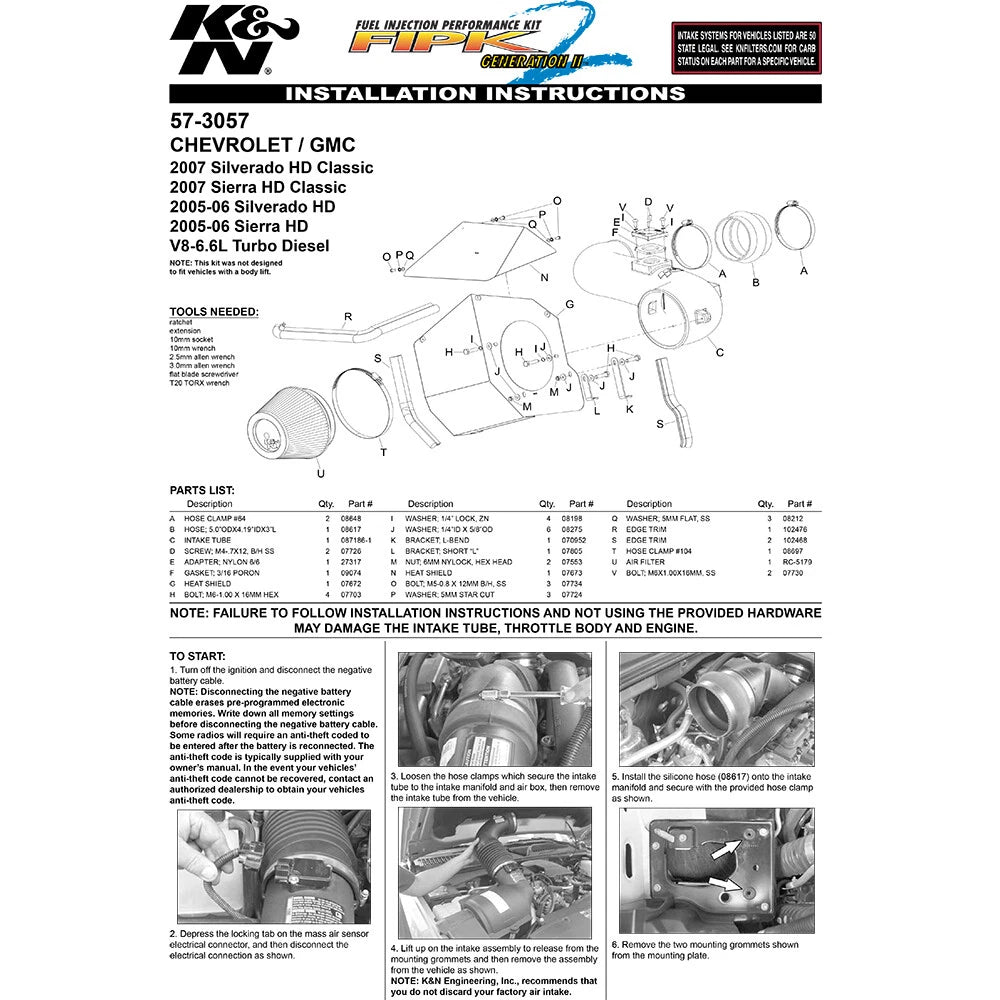 K&N 06 Chevrolet Silverado / GMC Sierra 2500HD/3500 V8-6.6L Performance Intake Kit | Chevrolet Silverado / GMC Sierra (06) (57-3057)
