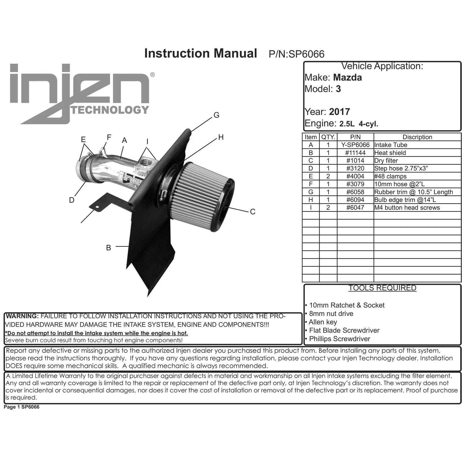 Injen Short Ram Tuned Intake System | Mazda 3 (13-19) 2.5L 4 Cyl (SP6066BLK)