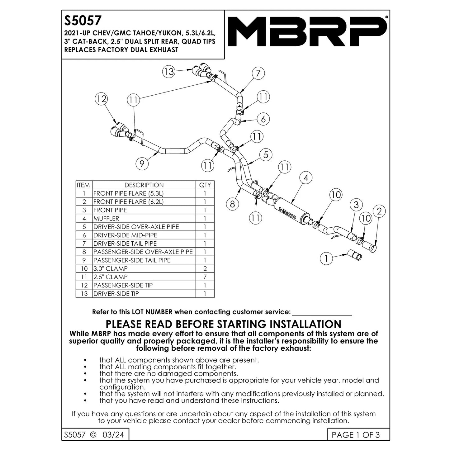 MBRP 3in Dual Split Cat-Back Exhaust w/ Quad Carbon Fiber Tips | Chevrolet Tahoe / GMC Yukon (21+) (S50573CF)