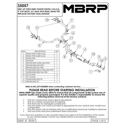 MBRP 3in Dual Split Cat-Back Exhaust w/ Quad Carbon Fiber Tips | Chevrolet Tahoe / GMC Yukon (21+) (S50573CF)