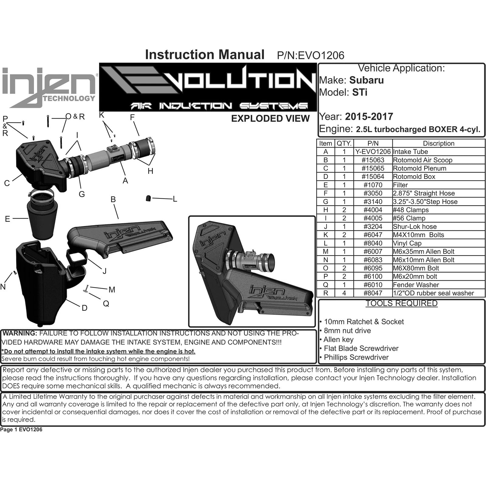 Injen 2015 Subaru STI 2.5L 4cyl Evolution Intake w/ Ram Air Scoop | Subaru WRX (14-21) (EVO1206)