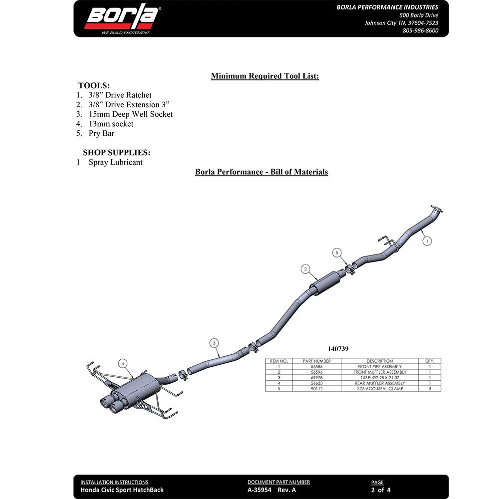 Borla S-Type Cat-Back Exhaust | 2017-2021 Honda Civic Sport Hatchback 1.5T (140739)