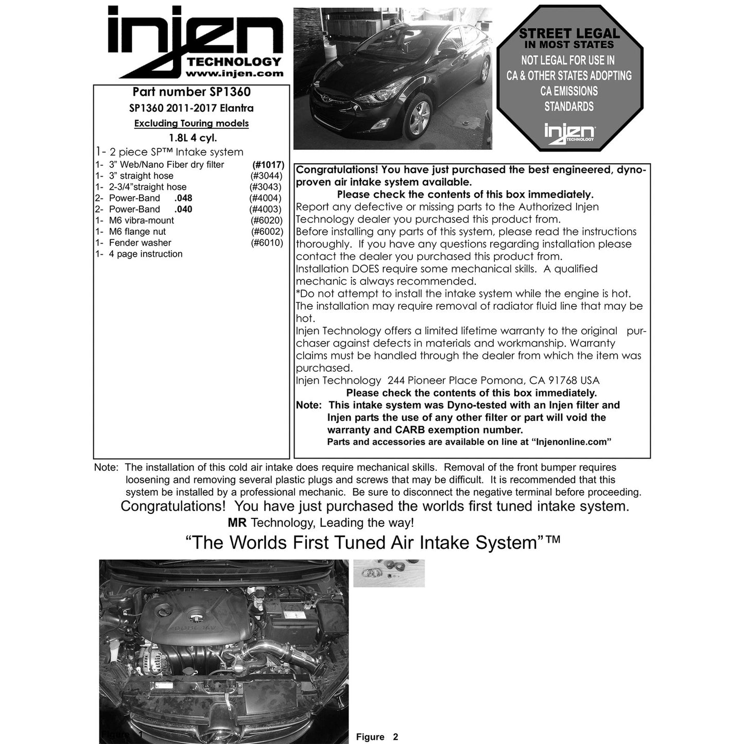 Injen Cold Air Intake | Hyundai Elantra (11-12) / Kia Sportage (93-06) / Kia Optima (00-06) / Elantra GT (13-17) (SP1360BLK)