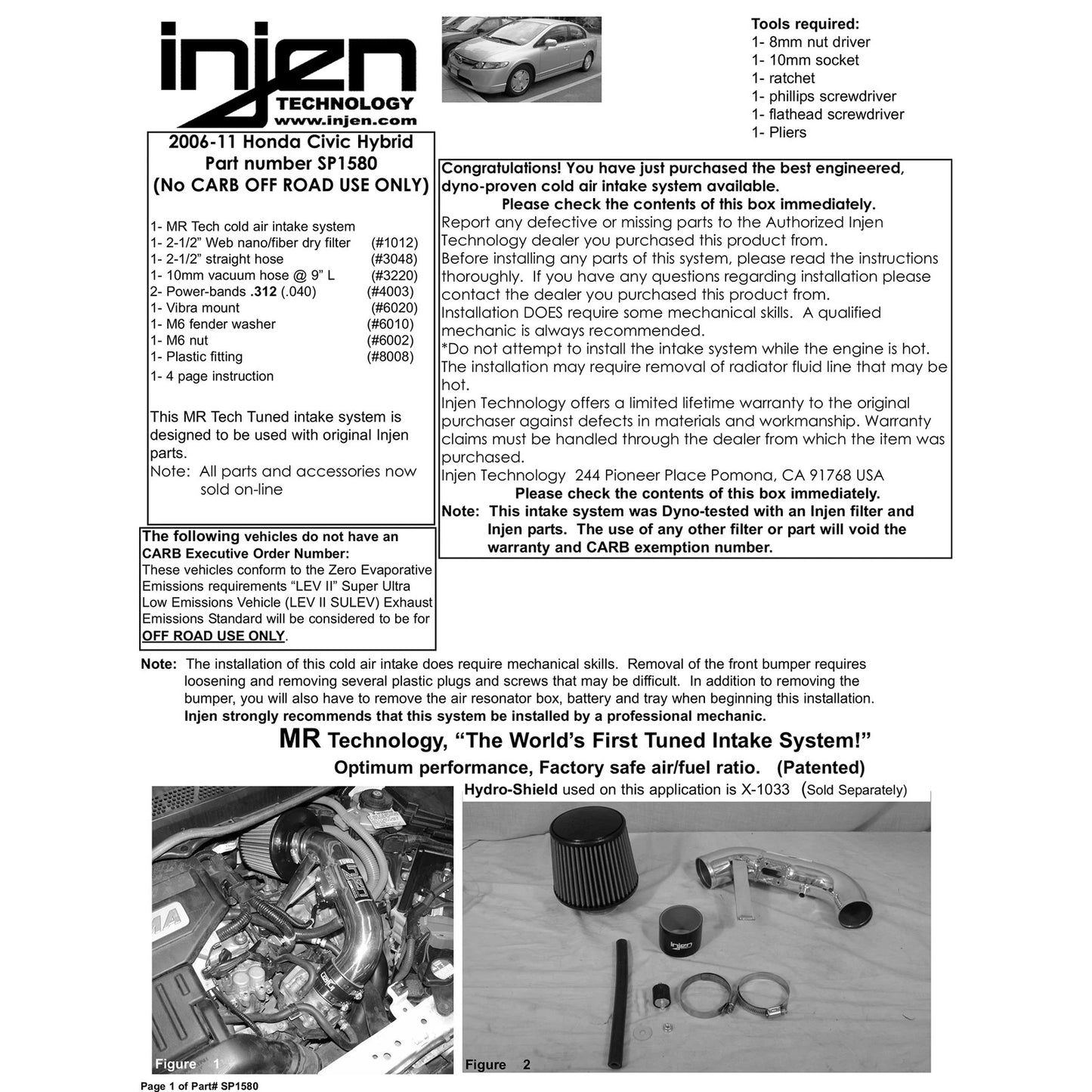 Injen Cold Air Intake | Honda Civic Hybrid (06-11) / Acura ILX (12-22) (SP1580P)