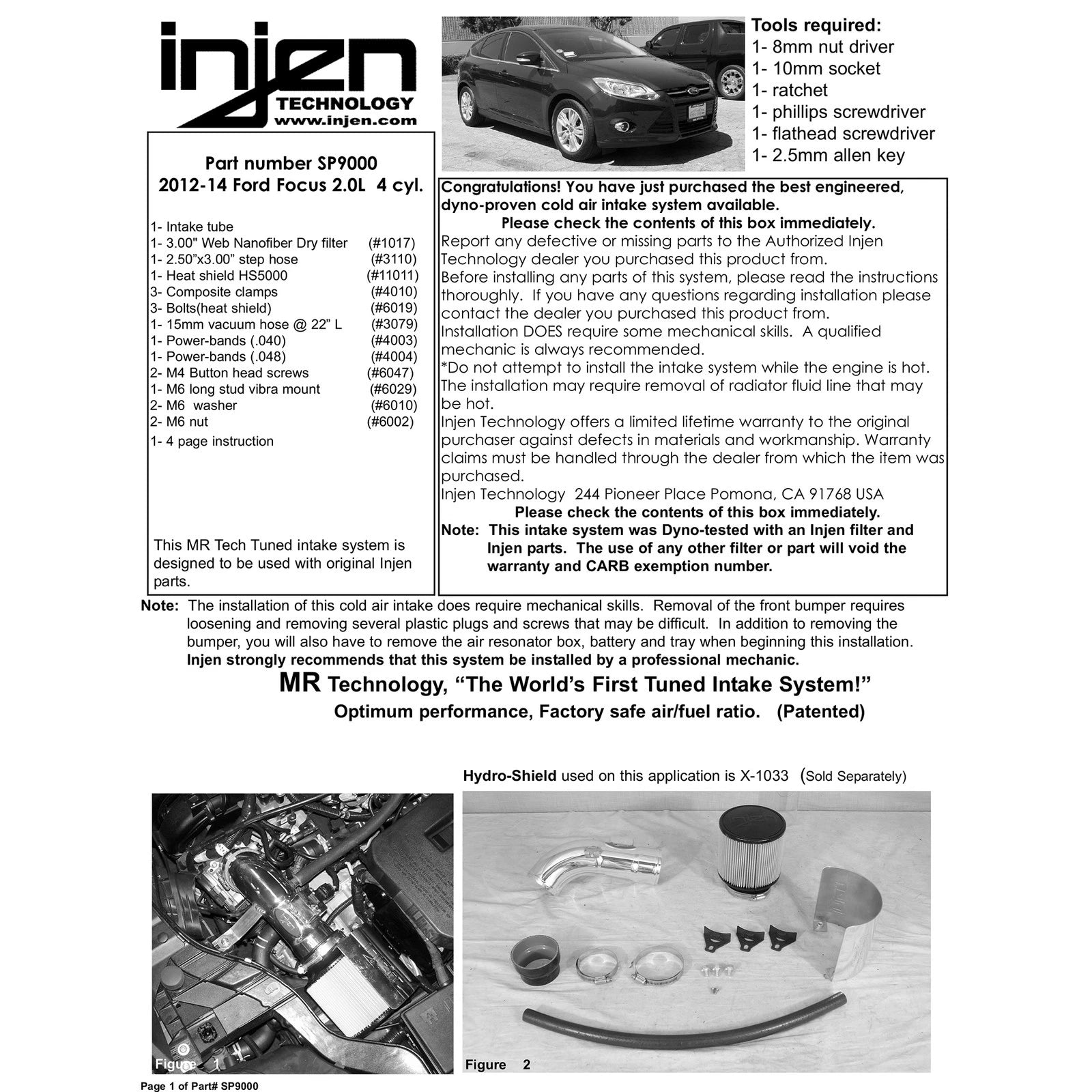 Injen 12 Ford Focus 2.0L 4cyl Air Intake w/ MR Tech & Web Nano-Fiber Dry Filter | Ford Focus / Volvo S40 / C30 (SP9000BLK)