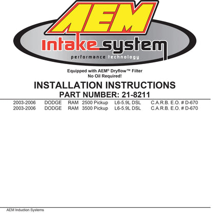 AEM Brute Force Intake System | Dodge Ram 2500/3500 5.9L-L6 DSL (03-06) (21-8211DC)