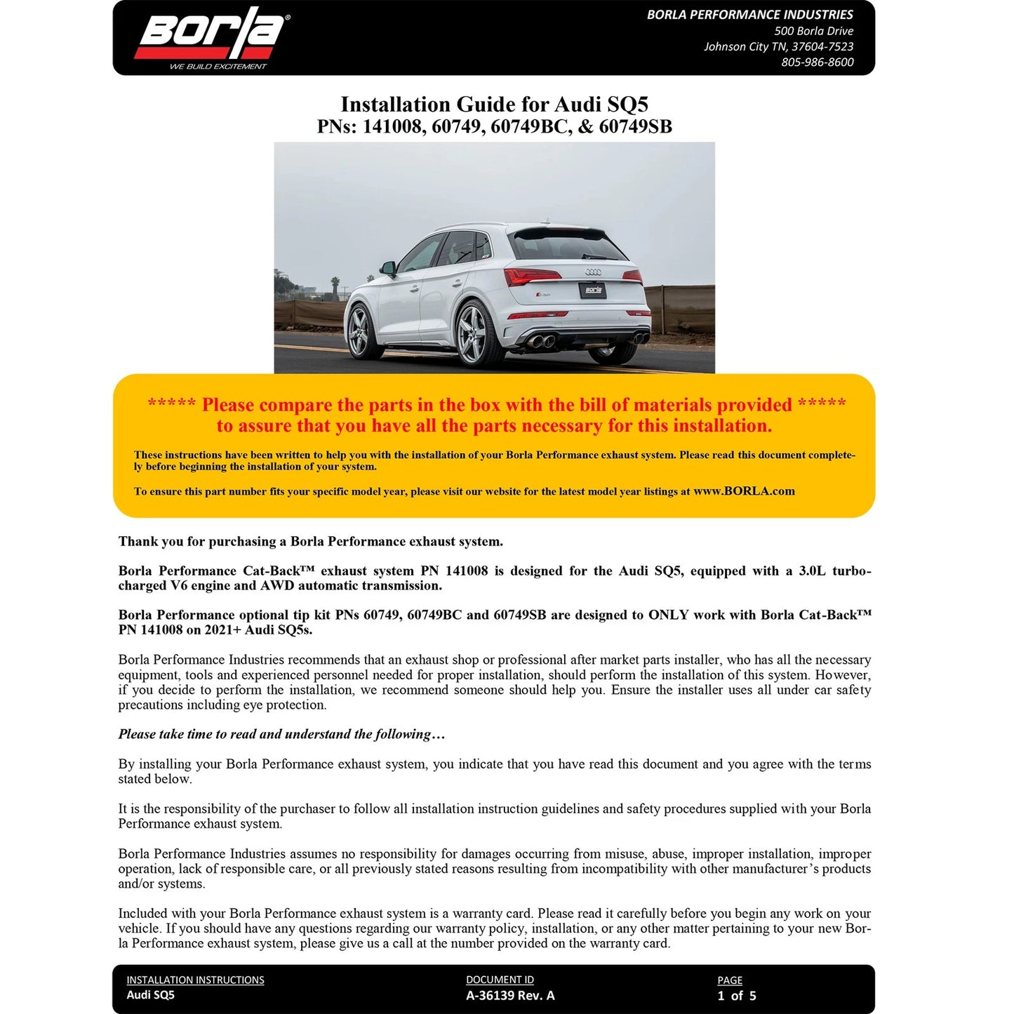Borla Perf S-Type Catback | Audi SQ5 (21-25) 3.0L V6 AWD (141008)