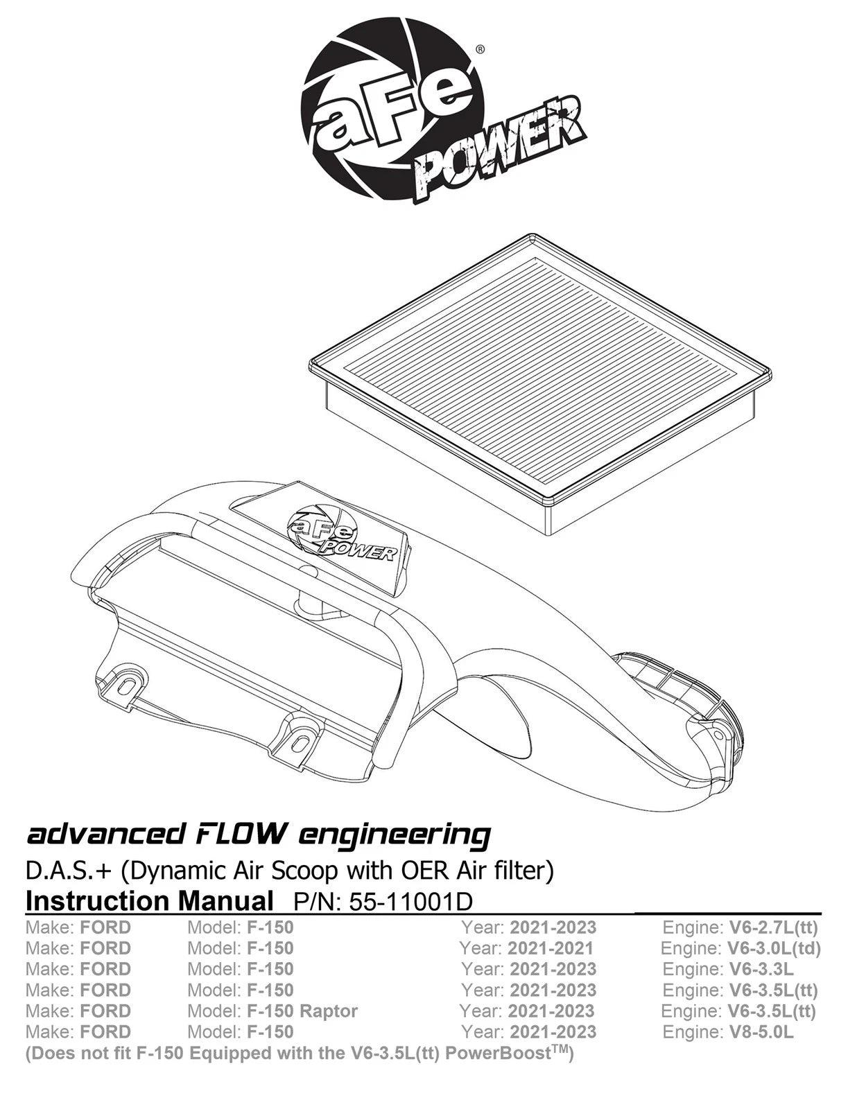 aFe 21-24 Ford F-150 V6/V8 Dynamic Air Scoop w/ Pro DRY S Filter | Ford F-150 (21-24) (55-11001D)